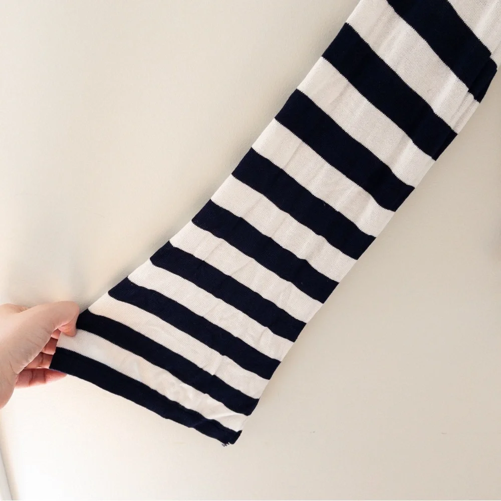 Lulu's Navy White Split Neck Flare Sleeve Stripe Crop Sweater Capsule Minimalist